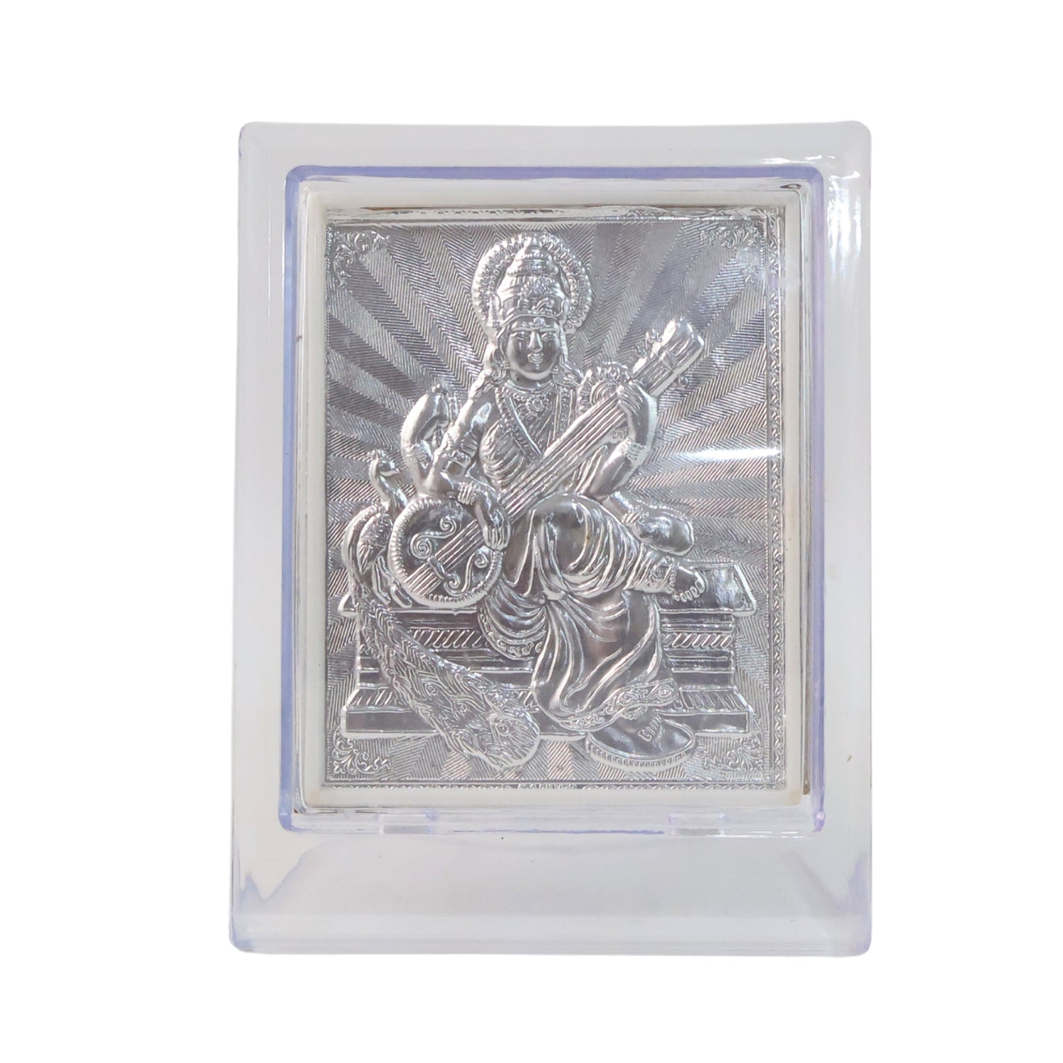 Elegant Silver Saraswati Maa Photo Frame with Stand (1 Pc) Elegant Silver Saraswati Maa Photo Frame with Stand (1 Pc)